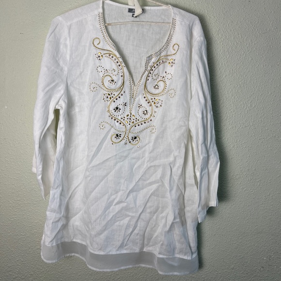 JM Collection White Natural Linen Embellished Tunic Shirt Artsy Top Womens XL - Picture 1 of 10